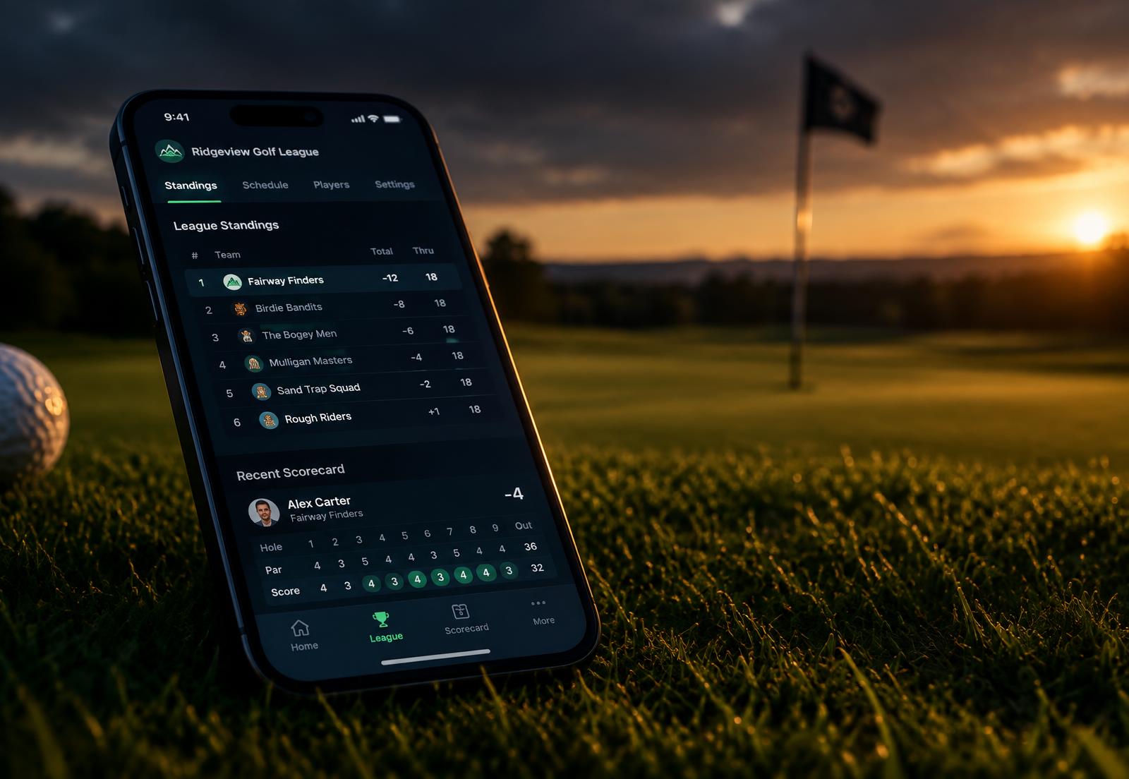 GolfHello league standings and scorecard on a phone resting on a golf course at sunset